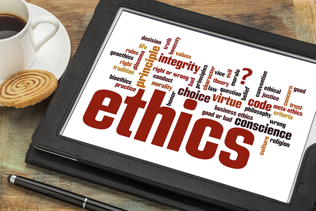 ethics word cloud on digital tablet